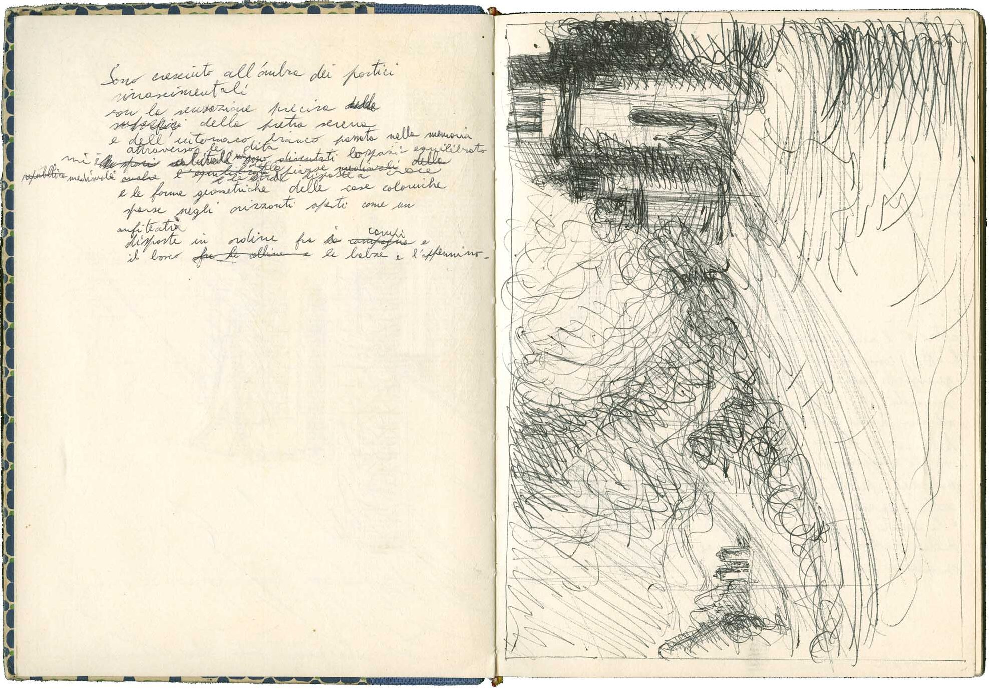 «Sono cresciuto all’ombra dei portici», 1985, inchiostro su carta. Quaderno 006, 20,2 x 14,5 cm, Archivio Lorenzo Bonechi


«Sono cresciuto all’ombra dei portici / rinascimentali / con la sensazione precisa / della pietra serena / e dell’intonaco bianco passata nella memoria / attraverso le dita / mi è abituale lo spazio equilibrato / medievale delle piazze e le strade disposte a croce / e le forme geometriche delle case coloniche / sparse negli orizzonti aperti come un / anfiteatro / disposte in ordine fra i campi / il bosco le Balze e l’Appennino».